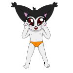  absurd_res anthro black_body black_fur black_sclera clothing ear_tuft espurrito felid feline female flat_chested food fruit fur halloween hi_res holidays looking_at_viewer mammal mostly_nude orange_clothing plant pumpkin simple_background solo tuft white_body young 
