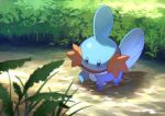  blue_eyes blurry commentary_request day full_body highres leaf looking_down mudkip no_humans open_mouth outdoors pokemon pokemon_(creature) smrs_ss solo tongue wading water 