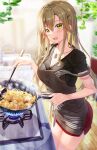  1girl :d apron bangs black_shirt blurry blurry_background blurry_foreground blush bow breasts brown_apron brown_hair cleavage collarbone commentary_request cooking depth_of_field frying_pan fujima_takuya green_eyes hair_between_eyes hair_ornament hairclip holding indoors long_hair looking_at_viewer medium_breasts official_art original red_skirt shirt short_sleeves skirt smile solo stove striped striped_bow very_long_hair wooden_floor 