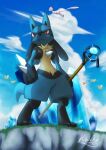  absurdres bird closed_mouth cloud commentary_request crystal day from_below highres holding holding_staff kaichi_(tomiyu25) lucario mew outdoors pidgey pokemon pokemon_(creature) red_eyes signature sky staff 