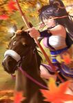  1girl 1other absurdres animal_ears arrow_(projectile) autumn_leaves bandaid bandaid_on_face bandaid_on_nose black_hair bow_(weapon) bridle cheesecake_(artist) creature_and_personification hair_ribbon high_ponytail highres holding holding_arrow holding_bow_(weapon) holding_weapon horse horse_ears horse_girl horseback_riding japanese_clothes long_hair mouth_hold narita_brian_(racehorse) narita_brian_(umamusume) ponytail ribbon riding sarashi stalk_in_mouth umamusume weapon yellow_eyes 