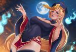  1girl :d blonde_hair blue_eyes breasts cleavage covered_navel cowboy_shot dutch_angle english_commentary exlic fingernails full_moon guilty_gear halloween jiangshi large_breasts long_hair looking_at_viewer millia_rage moon night ofuda outdoors sky smile solo star_(sky) starry_sky thighhighs very_long_hair wide_sleeves will-o&#039;-the-wisp_(mythology) 