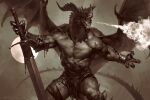  2021 anthro biceps bottomwear clothing digital_media_(artwork) dragon greyscale hi_res horn loincloth male monochrome muscular muscular_anthro muscular_male open_mouth pecs scalie sharp_teeth shirtless simple_background solo taran_fiddler teeth wings 