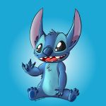 2016 4_fingers 4_toes alien black_eyes blue_background blue_claws blue_fur blue_nose blue_pawpads bluexblack907 chest_tuft claws digital_media_(artwork) disney experiment_(species) fur head_tuft inner_ear_fluff lilo_and_stitch open_mouth open_smile pawpads sign_language simple_background sitting smile solo stitch toes tuft 