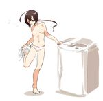  bad_id bad_pixiv_id breasts brown_hair musical_note musubi navel nipples panties ponytail raku sekirei simple_background small_breasts solo topless underwear underwear_only undressing washing_machine whistling 