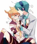  amezawa_koma aqua_nails aqua_neckwear bad_id bad_pixiv_id blonde_hair blue_eyes blush detached_sleeves error finger_in_mouth genderswap genderswap_(ftm) hand_in_panties hatsune_mikuo headset kagamine_len leg_warmers male_focus multiple_boys nail_polish necktie panties ponytail underwear vocaloid yaoi yellow_nails yellow_neckwear 