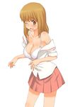  a1 blush bra breasts cleavage fukuji_mihoko kazekoshi_school_uniform large_breasts lingerie looking_at_viewer one_eye_closed open_clothes open_mouth open_shirt orange_eyes orange_hair saki shirt short_hair simple_background skirt solo tears underwear white_background 