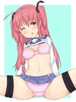  ahoge angel_beats! bad_id bad_pixiv_id blush bra highres itou_ayachi lingerie long_hair one_eye_closed panties pink_bra pink_eyes pink_hair pink_panties school_uniform serafuku shirt_lift solo spread_legs tears thigh_strap two_side_up underwear very_long_hair yui_(angel_beats!) 