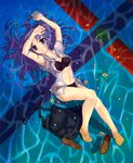  absurdres armpits arms_up bad_id bad_pixiv_id barefoot black_bra black_panties bra caustics clannad drain_(object) dutch_angle floating_hair flower hair_spread_out highres ichinose_kotomi lingerie loafers long_hair lying navel on_back onsen_nakaya panties partially_submerged pool purple_eyes purple_hair school_uniform see-through shallow_water shoes shoes_removed solo underwear water wet wet_clothes 