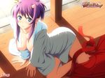  blue_eyes blush breasts demon_girl downblouse highres horns kokaji_saya large_breasts miko-san_to_issho! nipple_slip nipples open_clothes open_shirt purple_hair shirt solo takayaki 