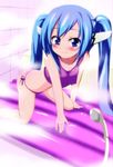  all_fours atahuta bare_shoulders bathroom blue_eyes blue_hair blush breasts cleavage highres nymph_(sora_no_otoshimono) panties robot_ears shirt side-tie_panties small_breasts smile solo sora_no_otoshimono steam twintails underwear water 