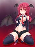  alternate_costume areola_slip areolae bat_wings black_legwear blush breasts demon_tail detached_sleeves head_wings koakuma lace lace-trimmed_thighhighs long_hair medium_breasts midriff navel necktie oga_raito pussy_juice pussy_juice_puddle red_eyes red_hair red_neckwear shorts solo spread_legs tail tears thighhighs touhou unzipped vibrator wet wet_shorts wings 
