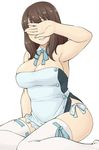  apron armpits bow bowtie breasts brown_hair cleavage covering covering_eyes covering_face curvy dream_c_club dream_c_club_(series) hinemosu_notari kneeling large_breasts panties plump side-tie_panties smile solo thighhighs underwear waitress white_legwear 
