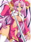  blue_eyes breasts cleavage kirisawa_tokito koihime_musou large_breasts long_hair navel pink_hair solo sonken sword thighhighs very_long_hair weapon 