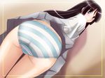  akiyama_mio ass black_hair blue_eyes blush bra dutch_angle from_behind from_below k-on! lingerie long_hair looking_back panties school_uniform see-through sentape shadow skirt solo striped striped_panties underwear upskirt 