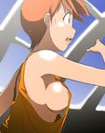  anime_coloring blue_eyes breasts dengeki!_pikachu flying_sweatdrops highres kakkii kasumi_(pokemon) medium_breasts no_bra orange_hair pokemon profile short_hair sideboob solo sweat 