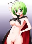  alternate_breast_size antennae breasts cape green_eyes green_hair hand_on_hip large_breasts naked_cape navel nipple_slip nipples nude pandain pussy short_hair solo touhou uncensored wriggle_nightbug 