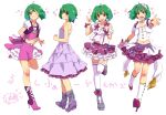  ;) \m/ ahoge alternate_color bare_shoulders boots cero_(cerocero) contrapposto cropped_jacket cross-laced_footwear dress full_body green_hair hairband high_heel_boots high_heels lace-up_boots layered_skirt looking_at_viewer macross macross_frontier microphone midriff_peek one_eye_closed open_mouth outstretched_arm puffy_short_sleeves puffy_sleeves ranka_lee red_eyes ribbon seikan_hikou short_hair short_sleeves sleeveless sleeveless_dress smile standing standing_on_one_leg strapless strapless_dress thighhighs 