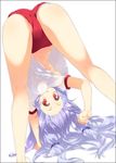  ass blue_hair breasts buruma gym_uniform hands kiriya_nozomi kneepits mayoi_neko_overrun! medium_breasts mizuki_makoto navel panties panties_under_buruma red_eyes solo underboob underwear upshirt upside-down white_panties 