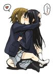  akiyama_mio blazer blush fukutarou_(enji127) hair_down heart hug jacket k-on! kiss leg_lock multiple_girls school_uniform sitting sitting_on_lap sitting_on_person spoken_blush tainaka_ritsu tears yuri 