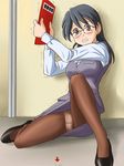  black_hair blush brown_eyes bug crotch_seam glasses highres lielos lielos'_office_lady original panties panties_under_pantyhose pantyhose pantyshot scared solo tears trembling underwear upskirt 