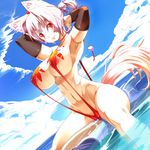  animal_ears areolae armpits arms_up bikini blush breasts cloud covered_nipples day hair_ribbon inubashiri_momiji karochii large_breasts md5_mismatch navel ponytail red_eyes ribbon short_hair silver_hair sitting smile solo string_bikini swimsuit tail touhou water wet wolf_ears wolf_tail 