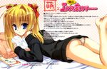  absurdres ass bare_shoulders barefoot bed blonde_hair blue_eyes feet highres kobuichi long_hair looking_back lying manga_(object) no_pants on_stomach original panties pillow reading solo sweater twintails underwear 