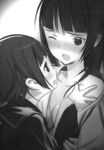  anabuki_tomoko blush convenient_arm greyscale highres monochrome multiple_girls official_art one_eye_closed open_mouth sakomizu_haruka ueda_hashigo world_witches_series yuri 