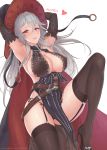  1girl armpits arms_up bare_shoulders black_legwear black_panties blush breasts brown_eyes cape cleavage commentary_request cowboy_shot detached_sleeves eliskalti garter_straps granblue_fantasy hair_between_eyes hat heart high_heels highres large_breasts leg_up long_hair looking_at_viewer magisa_(granblue_fantasy) panties parted_lips pelvic_curtain pumps shoes side-tie_panties sideboob silver_hair smile solo stiletto_heels thighhighs thighs underwear witch_hat 