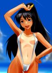  :d areola_slip areolae arm_up armpits asaki_yuki black_hair blue_eyes cloud day ganaha_hibiki hand_on_hip idolmaster idolmaster_(classic) looking_at_viewer navel one-piece_tan open_mouth outdoors ponytail sky slingshot_swimsuit smile solo standing swimsuit tan tanline wet white_swimsuit 