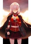 bag bandage_over_one_eye bangs breasts brown_cape brown_skirt closed_eyes commentary_request eyebrows_visible_through_hair facing_viewer fate/grand_order fate_(series) florence_nightingale_(fate/grand_order) gloves hand_up highres jacket long_hair long_sleeves medium_breasts pantyhose pink_hair pleated_skirt red_jacket shoulder_bag skirt solo soupchan very_long_hair white_gloves white_legwear 