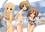  akiyama_mio asakura_saki ass bikini black_hair blonde_hair blue_eyes brown_eyes brown_hair chibi hair_down hirasawa_yui innertube k-on! kotobuki_tsumugi long_hair multiple_girls short_hair swimsuit tainaka_ritsu tears trefoil 