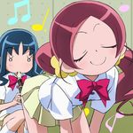  bent_over blue_hair bow closed_eyes eyelashes hanasaki_tsubomi haruyama_kazunori heartcatch_precure! implied_pantyshot instrument kurumi_erika long_hair lowres multiple_girls musical_note myoudou_gakuen_middle_school_uniform o_o precure recorder red_hair school_uniform sexually_suggestive skirt smile twintails 