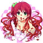  bad_id bad_pixiv_id blush bow checkered checkered_floor food from_above green_eyes hair_bow hiiro_(kikokico) jam jar licking long_hair looking_at_viewer nude original red_hair sitting skindentation solo spork striped striped_legwear thighhighs very_long_hair wariza 