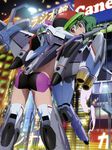  absurdres artist_request ass blush cosplay green_hair gun highres looking_back macross macross_frontier macross_frontier:_itsuwari_no_utahime mecha mecha_musume ranka_lee red_eyes short_hair smile solo tornado_pack vf-25 vf-25_(cosplay) weapon 