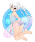  albino ass bad_id bad_pixiv_id barefoot braid casual_one-piece_swimsuit feet frilled_swimsuit frills innertube kneeling kochiya_(gothope) looking_back one-piece_swimsuit red_eyes short_hair solo swimsuit tales_of_pixiv trefoil twin_braids white_hair 