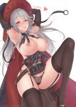  1girl armpits arms_up bare_chest bare_shoulders black_legwear black_panties blush breasts brown_eyes cape cleavage commentary_request cowboy_shot detached_sleeves eliskalti garter_straps granblue_fantasy hair_between_eyes hat heart high_heels highres large_breasts leg_up long_hair looking_at_viewer magisa_(granblue_fantasy) nipples panties pantyhose parted_lips pelvic_curtain see-through side-tie_panties sideboob silver_hair smile solo thighhighs thighs underwear witch_hat 