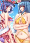  ass bad_hands bad_id bad_pixiv_id bikini blue_hair breast_hold breasts covered_nipples crossed_arms hat hinanawi_tenshi large_breasts long_hair mikan_(5555) multiple_girls nagae_iku red_eyes sarong sideboob swimsuit touhou translucent_sarong underboob yellow_sarong 