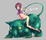  :d alluring_rider barefoot bottomless breasts brown_eyes brown_hair crop_top final_fantasy final_fantasy_vi grey_background kara_(color) legs medium_breasts monster monster_girl navel no_panties open_mouth riding short_hair smile solo underboob whip 