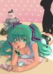  absurdres bad_id bad_pixiv_id breasts cleavage downblouse food green_eyes green_hair hage hatsune_miku highres long_hair looking_at_viewer lying medium_breasts mouth_hold on_stomach pig pocky solo thighhighs twintails vocaloid 
