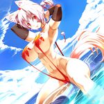  animal_ears areola_slip areolae armpits arms_up bikini blush breasts cloud covered_nipples curvy day dutch_angle hair_ribbon highres inubashiri_momiji karochii large_breasts narrow_waist navel perky_breasts ponytail red_eyes ribbon short_hair silver_hair sitting slingshot_swimsuit smile solo swimsuit tail touhou water wet wolf_ears wolf_tail 