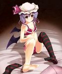  barefoot bra feet hat lingerie navel nekomushi panties plaid plaid_bra plaid_panties purple_bra purple_hair purple_panties red_eyes remilia_scarlet short_hair side-tie_panties single_thighhigh sitting solo striped striped_legwear thighhighs touhou underwear underwear_only wings 