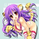  animal_ears bankoku_ayuya bent_over bikini bottomless breasts cleavage dragon_quest dragon_quest_ii fang fangs gloves large_breasts leaning_forward long_hair no_panties paw_gloves paws princess_of_moonbrook purple_hair red_eyes solo striped striped_legwear swimsuit tail thighhighs 