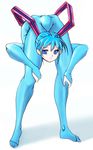  anatomical_nonsense aqua_eyes aqua_hair backbend bad_anatomy bodysuit contortion flexible hatsune_miku parody sawano_kiyoshi shiteyan'yo simple_background skin_tight smile solo vocaloid 