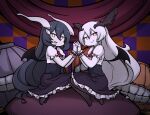  2girls abyssal_ship alternate_costume anchorage_princess anchorage_water_oni ascot black_hair black_skirt black_wings closed_mouth colored_skin commission demon_wings frilled_skirt frilled_sleeves frills hair_between_eyes halloween halloween_costume hamu_koutarou highres kantai_collection long_hair multiple_girls open_mouth pale_skin pixiv_request red_ascot red_eyes shirt short_sleeves skirt smile white_hair white_shirt white_skin wings yellow_eyes 