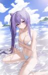  1girl absurdres bangs bare_shoulders bikini blush braid breasts collarbone genshin_impact hee_(user_ykux4248) highres keqing_(genshin_impact) large_breasts long_hair looking_at_viewer navel ocean outdoors purple_eyes sitting solo sweat swimsuit thighs untied untied_bikini very_long_hair wariza wet white_bikini 