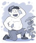  belly big_city_greens bill_green bodily_fluids boots bottomwear bulge clothing corgi_(artist) denim denim_clothing dirty_clothes farmer footwear hat headgear headwear hi_res human jeans male mammal navel nipples pants shovel slightly_chubby smile solo sweat sweatdrop tomatoes tools 