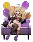  1girl :d balloon bangs bebe_(bebe_pp) black_horns black_shorts black_wings blonde_hair boots breasts cat_pillow couch demon_girl fake_halo fang frills hair_ornament hairclip high_heel_boots high_heels highres horns long_hair looking_at_viewer medium_breasts open_mouth orange_socks original pillow shiny shiny_hair shoes shorts simple_background single_thighhigh sitting smile socks solo thighhighs twintails white_background wings 