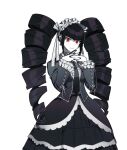  1girl 68382837d bangs black_hair black_nails bonnet celestia_ludenberg center_frills claw_ring danganronpa:_trigger_happy_havoc danganronpa_(series) drill_hair earrings frills gothic_lolita interlocked_fingers jacket jewelry layered_skirt lolita_fashion long_hair long_sleeves looking_at_viewer nail_polish necktie own_hands_together red_eyes red_necktie shirt simple_background skirt smile solo twin_drills twintails white_background white_shirt 