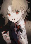  1boy black_background blonde_hair blood blood_on_clothes blood_on_face fangs heridy highres looking_at_viewer male_focus open_mouth original red_eyes shirt solo solo_focus tears teeth vampire white_shirt 